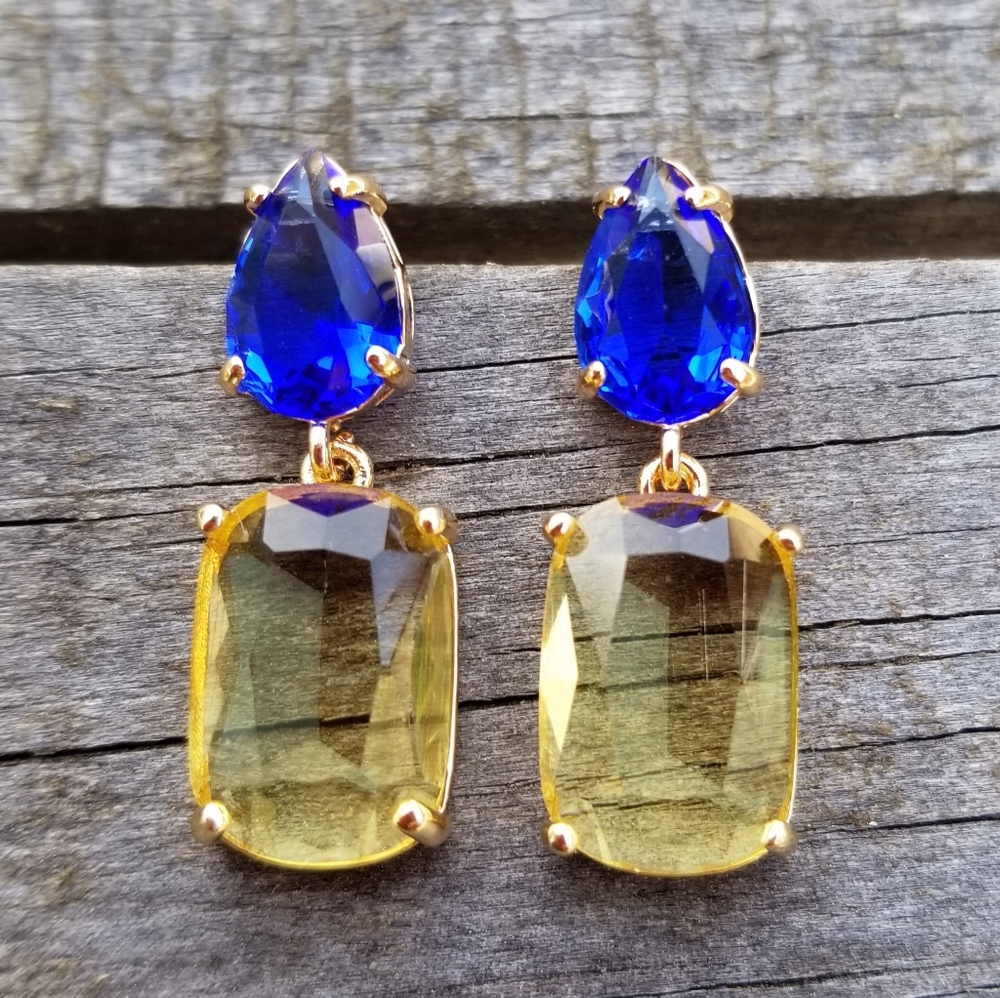 14k Gold Sapphire and Citrine Stud Earrings, Citrine Stud Dangle